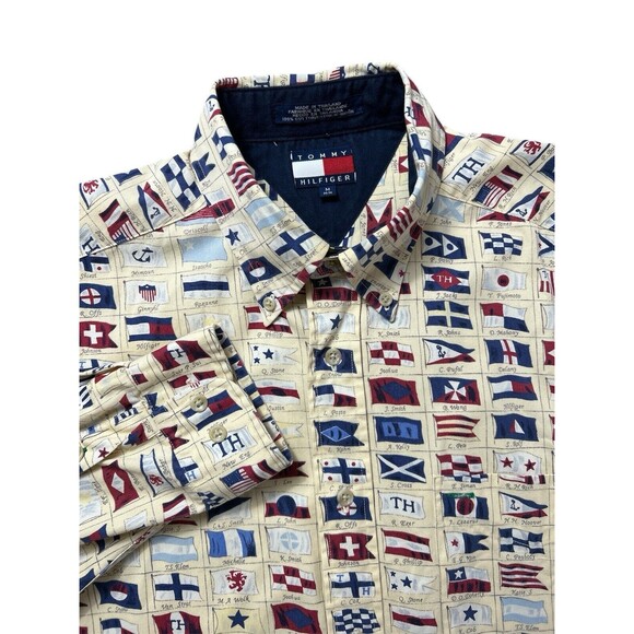 VTG Tommy Hilfiger Shirt Mens Medium Yellow Sailing Flags Button Front Oversized - Picture 1 of 6